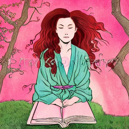 Image similar to beautiful little girl with long curly red hair dressed in a pink kimono and sitting next to a tree while reading a book, artwork made in western comic art style, inspired in balthus, anatomically correct, higher details