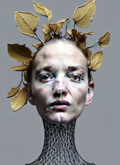Prompt: complex 3d render ultra detailed of a beautiful porcelain profile woman face, mechanical vegetal cyborg, 150 mm, beautiful natural soft light, rim light, Alexander Mcqueen haute couture, silver gold details, surreal portrait, magnolia big leaves and stems, roots, fine foliage lace, mesh wire, intricate details, hyperrealistic, mandelbrot fractal, anatomical, red lips, silver metal armor, facial muscles, cable wires, microchip, elegant, white background, octane render, H.R. Giger style, 8k