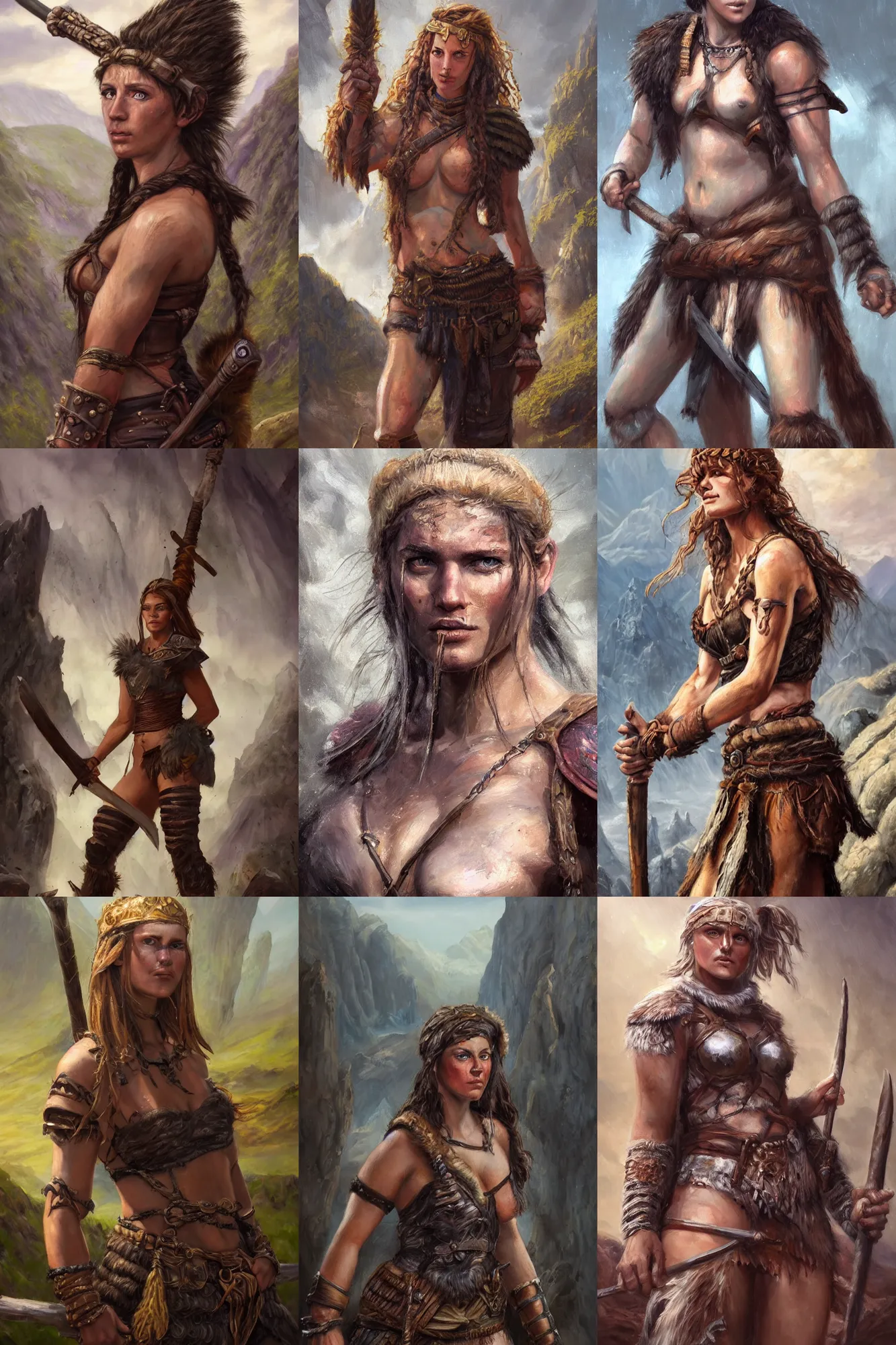 Image similar to a full body high detail fantasy portrait oil painting illustration of a beautiful young rugged stoic barbarian woman by justin sweet with face and body clearly visible, in a scenic background, pupils visible, realistic proportions, d & d, rpg, forgotten realms, artstation trending, high quality, sombre mood, artstation trending, muted colours, entire person visible!