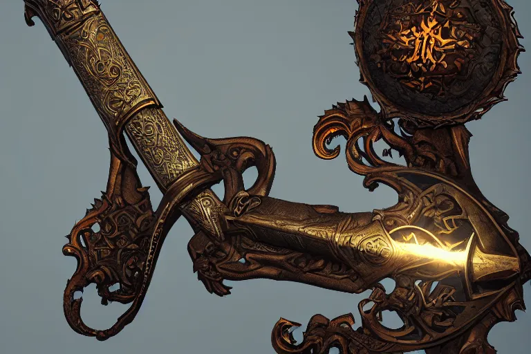 Image similar to magical artifact, sword intricate, artstation, dramatic lighting