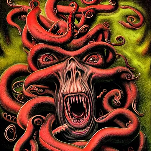 Image similar to jack black's horror version. an unnatural abomination with long teeth, many tentacles, and gray skin. grunge, horror, dmt, dark and muted colors, detailed airbrush art, by yves klein