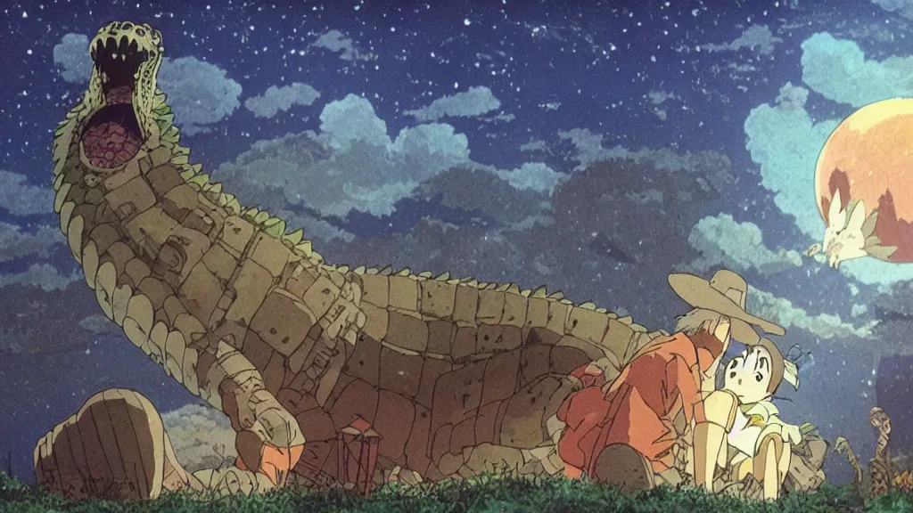 Image similar to a movie still from a studio ghibli film showing a lovecraftian crocodile from howl's moving castle ( 2 0 0 4 ). a pyramid is under construction in the background, in the rainforest on a misty and starry night. a ufo is in the sky. by studio ghibli