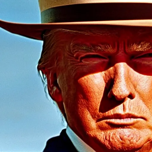 Prompt: donald trump as clint eastwood squinting at high noon in the style of a clint eastwood movie, the good, the bad and the ugly, clint eastwood, steven seagal, bud spencer, donald trump, glory days, american flag, patriotism, apple pie