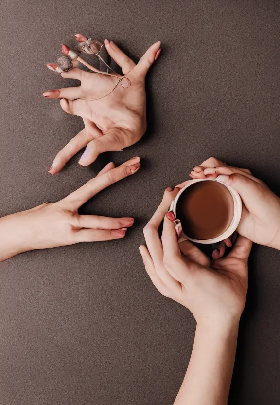 Prompt: photorealistic woman's palm on the table, pov photo, skincare, instagram photo, studio photo, 9 0 mm, f / 1. 4