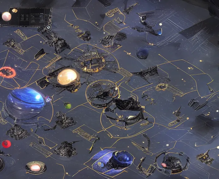 Image similar to a space junkyard forming a tilted disk in black starless space, a graveyard of space stations and giant space structures, dark sci - fi game map with solid black background, everything fits on the screen