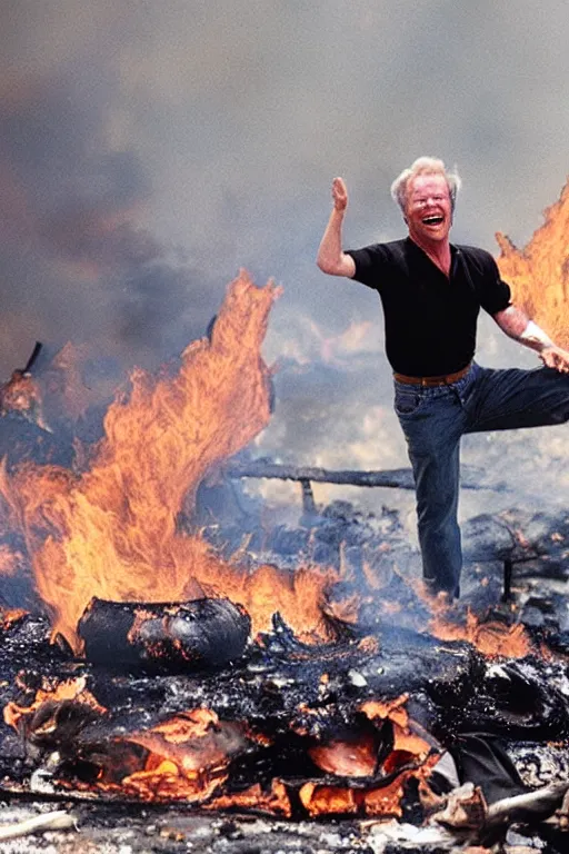 Prompt: kevin tighe floating off the ground above a burning garbage fire laughing