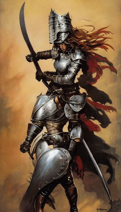 Image similar to fantasy painting by Frank Frazetta portraying a female knight in armor,wielding a sword,high quality,portrait en buste,beautiful,detailed