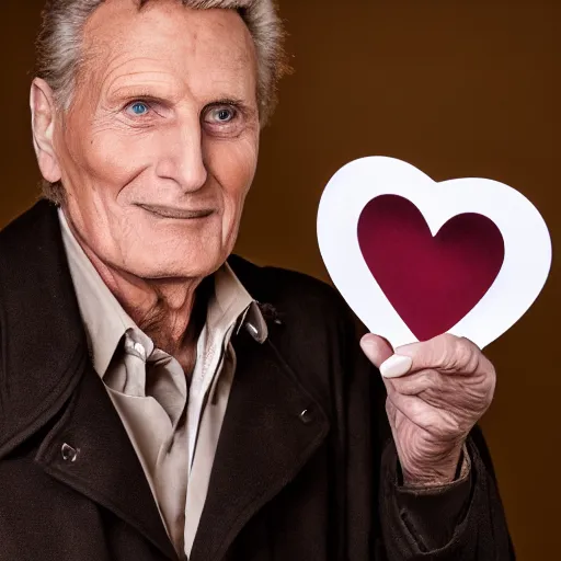 Prompt: robert stack wearing a trench coat unsolved mysteries holding a valentines card, ( sony a 7 r iv, symmetric balance, polarizing filter, photolab, lightroom, 4 k, dolby vision, photography awardm, voque, perfect face )