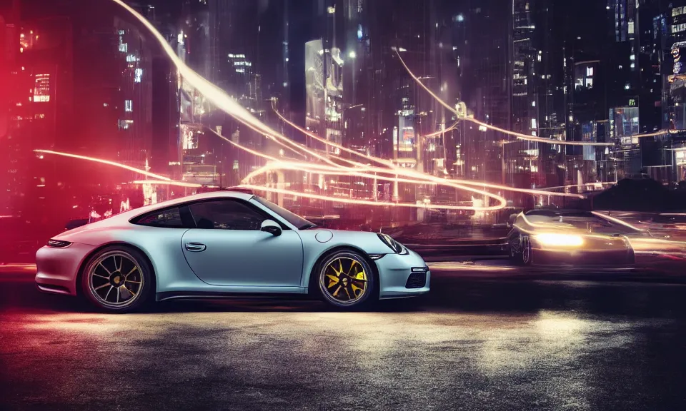 Image similar to photo of a porsche 911 at night drifting through a city, octane render, cinematic, 4k, long exposure photography, tokyo drift, fast and furious, film still, night photography, motion blur, lens flare, movie shot, light trail, distortion, wide angle