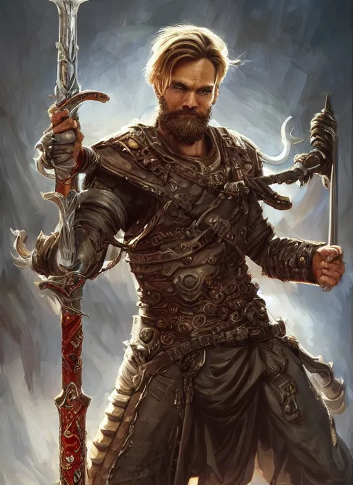 Image similar to PewDiePie as a mean looking hero holding an enormous large dual wielding sword, intricate, elegant, highly detailed, centered, digital painting, artstation, concept art, smooth, sharp focus, illustration, artgerm, donato giancola, Joseph Christian Leyendecker, WLOP, Boris Vallejo, Artgerm