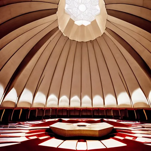 Image similar to interior of a futuristic lotus temple with gold, red and white marble panels, shafts of sunlight in the centre, in the desert, by buckminster fuller and syd mead, intricate contemporary architecture with art nouveau motifs, photo journalism, photography, cinematic, national geographic photoshoot