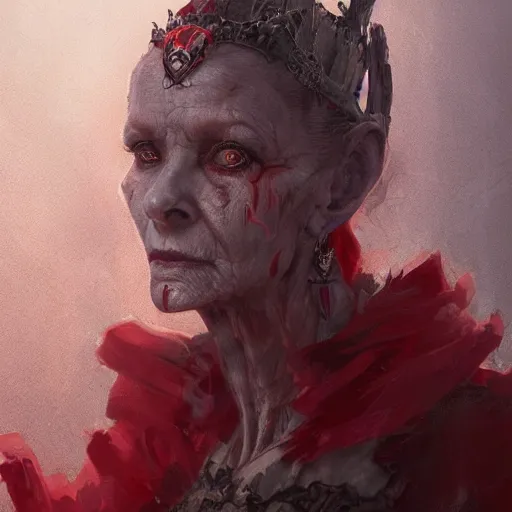 Image similar to a beautiful portrait of a creepy ancient elderly necromancer queen, embers, skeletal, red-fabric, red-eyes, grey-skin, by Greg Rutkowski and Raymond Swanland, Trending on Artstation, ultra realistic digital art