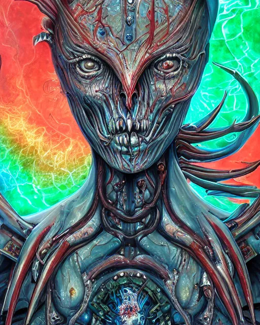 Prompt: silver mechanical charred bloody fleshmetal cyborg daemonhost woman psychedelic flamer of tzeentch with extra arms, blue and green rainbow fire, by antonio j. manzanedo, alex grey, android jones, wayne barlowe, raymond swanland, cyril rolando, josephine wall, harumi hironaka, cronenburg, trending on artstation