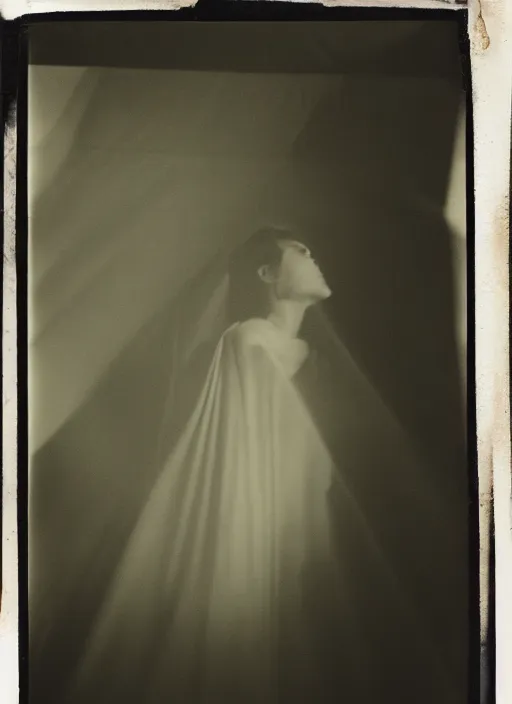 Prompt: a woman peeking out from under a blanket fort in the afternoon, flash polaroid photo by george hurrell, hazy light rays, golden hour