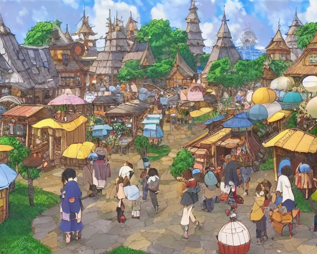 Image similar to busy fantasy village open square with some market stalls, studio ghibli style, hayao miyazaki, award winning photograph, highly detailed, artstation, hd wallpaper