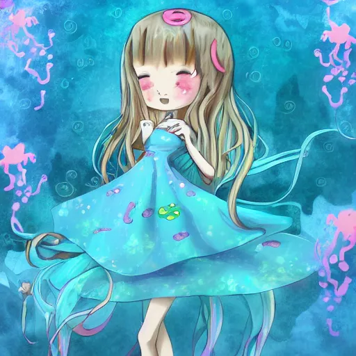 Prompt: a cute octopus girl with a flowy dress under the sea trending on art station anime style