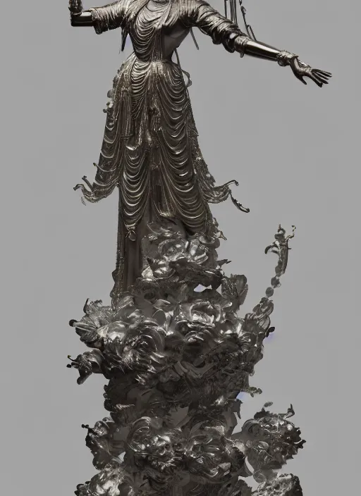 Image similar to a art deco sculpture statue of full body guanyin, intricate complexity,, statue by jane hamilton, ruan jia, character concept, radiant light,, frostbite 3 engine, cryengine, dof, trending on artstation, digital art, fantasy detailed abackground