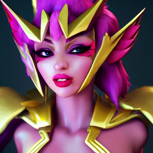 Image similar to still close up of pretty Xayah (LoL) in KDA More music video. 3d render, octane render, game art, realistic, highly detailed, trending on artstation, 4k, trending on artstation, pixar, cgsociety, unreal engine 5, redshift render, trending on artstation, blender, behance, cg