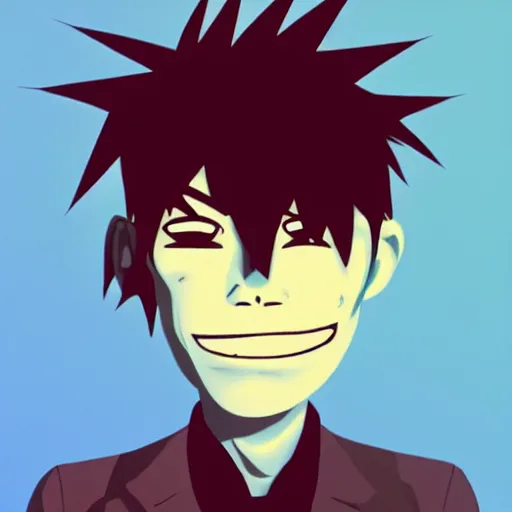 Image similar to 2 d gorillaz, a man with messy blue hair and no eyes, portrait, gorillaz style, jamie hewlett, neutral expression