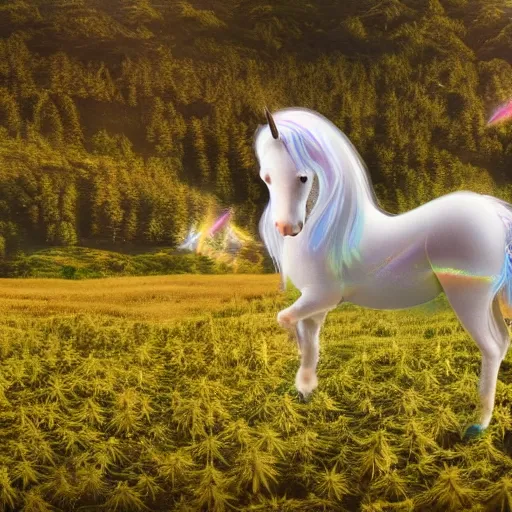 Image similar to a iridescent unicorn with wings eating in a field of marijuana, wildlife photography, 8 k, highly detailed