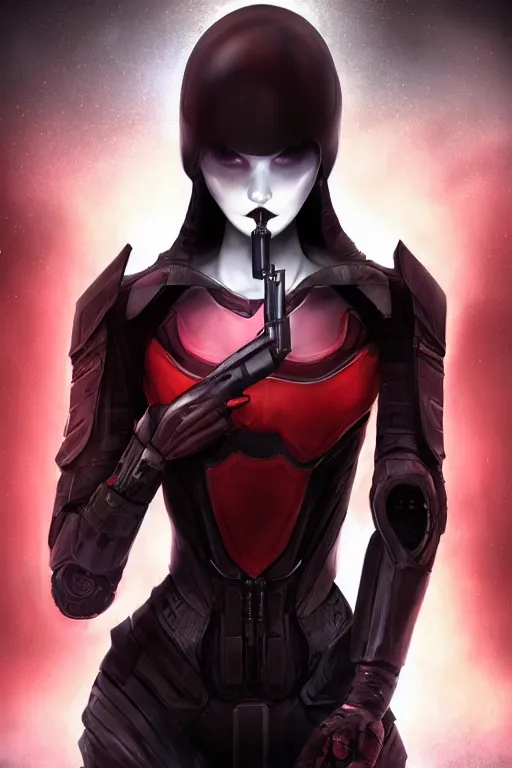 Image similar to beautiful ultra realistic, technology, battle ready grim reaper queen, retrofuturism, highly detailed, artgerm, artstation, deviantart, black, red, malicious, dark, extreme closeup three-quarter android portrait, tilt shift LaGrange point orbit background, three point perspective, focus on portrait of two androids; pointé pose; eye contact, kinemacolor, soft lighting