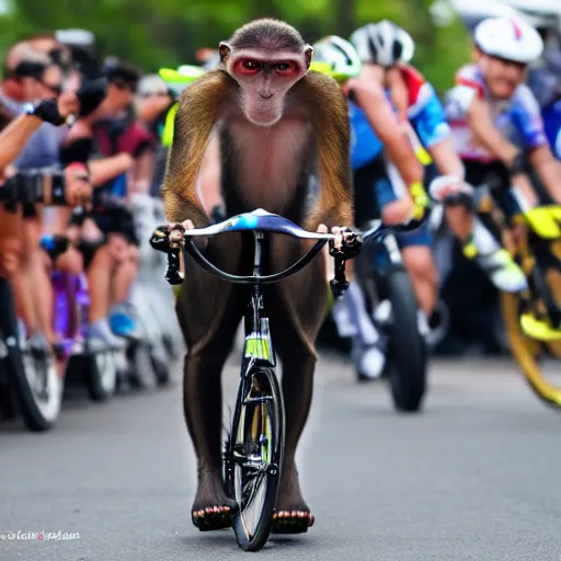 Image similar to futuristic monkey riding bike with donut wheels in the tour the france