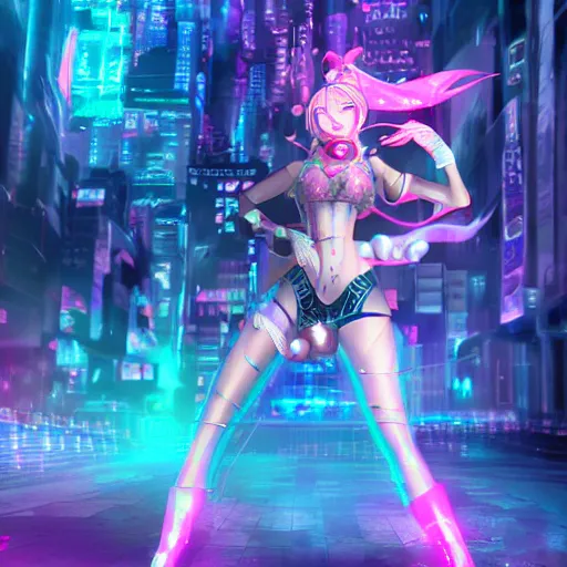 Image similar to a girl like (jinx, Princess peach), dancing, background cyberpunk city, kpop, fullshot, photo, volumetric lighting, epic composition, intricate details, dark neon punk, by KDA