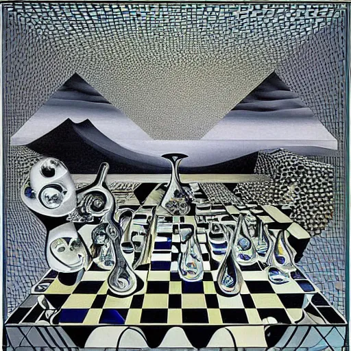 Prompt: an infinite chessboard covered with abstract glass pieces in a surreal landscape, refraction and reflection, surrealism, by Salvador Dali, by M.C Escher, masterpiece