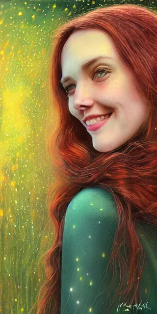 Image similar to infp young woman, smiling, amazed by golden fireflies lights, sitting in the midst of nature fully covered, long loose red hair, intricate linework, green eyes, small nose with freckles, oval shape face, realistic, expressive emotions, dramatic lights mystical scene, hyper realistic ultrafine art by michael cheval, jessica rossier, artgerm