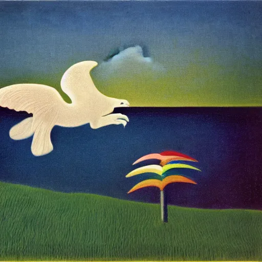 Image similar to Two Alicorns iwth rainbow wings flying over a lake, artwork by Henri Rousseau