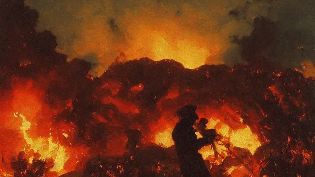 Image similar to high quality high detail painting by ilya repin, silhouette of man standing in front of an epic fire and explosions, war, hd