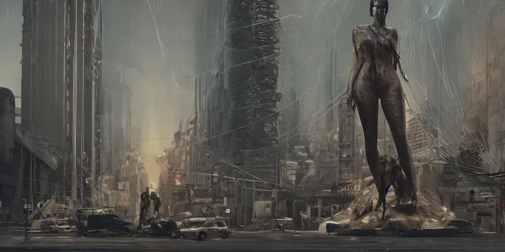 Prompt: cinematic view of kim kardashian statue in the middle of san francisco, dystopia, dead animals falling from the sky, by cedric peyravernay, by kilian eng, high detail, digital painting, industrial art style, death stranding art style, cinematic lighting, artstation, cgsociety, unreal engine 5 render, octane render, 3 5 mm film grain