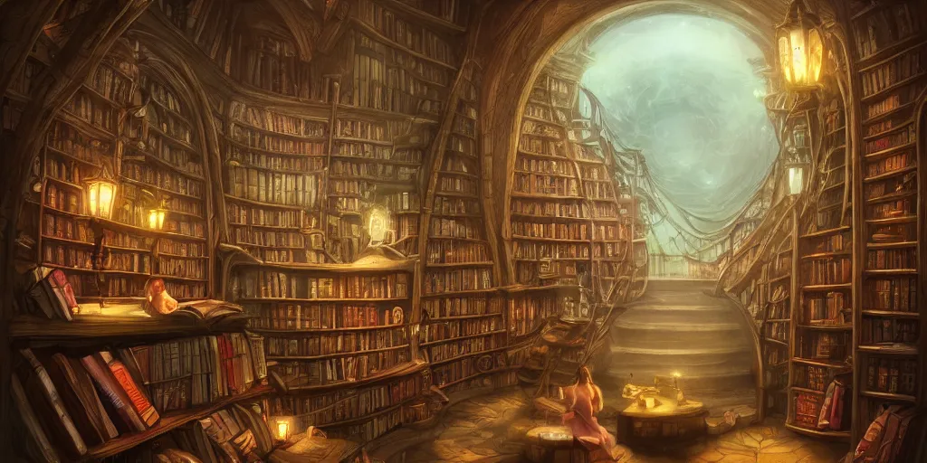 Prompt: magic library, magic, birds, roses, fairy tale, evening lights, highly detailed, low angle view, artstation, mysterious, comfort, in the style of aetherpunk