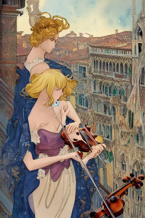 Image similar to beautiful blonde girl, expressively playing the violin, in a venetian outfit, illustration, manga, on the roof of a burning building, highly detailed, artstation, illustration, jurgens, alfonse mucha, vatican style, canon eos r 3