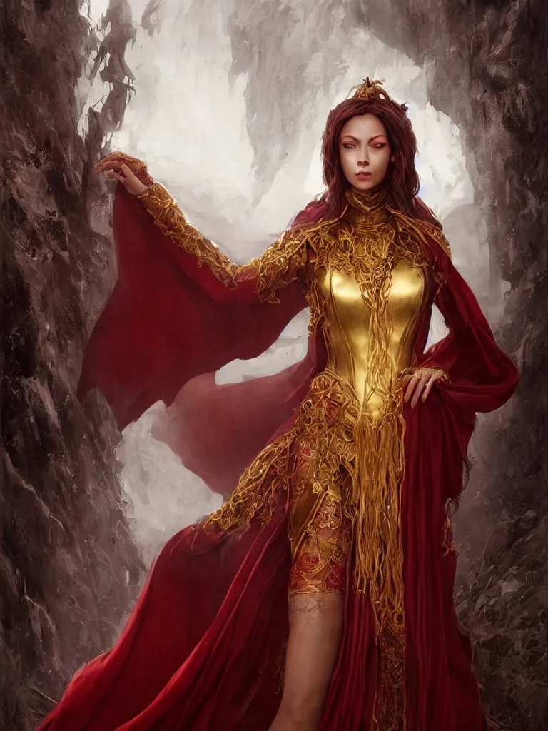 Prompt: Portrait of a beautiful sorceress, alone!!, dnd, d&d, toned shape, Red robes, golden accents, crimson clothes, corset, young, dark red hair, dark skin, burning eyes, floating, detailed sculptured face!, highly detailed, high fantasy, matte painting, by Krenz Cushart and Artem Demura and alphonse mucha, artstation, HD, 4K, midjourney