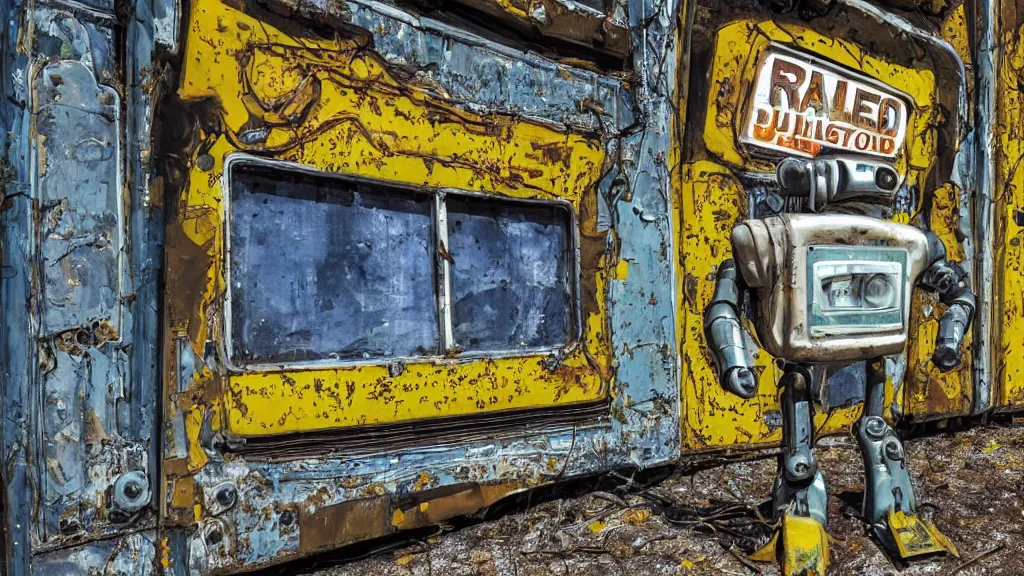 Prompt: A 1960s era robot! on a faded yellow couch in front of a rusted and dilapidated gas station. The stars! of the Milky Way shine above a broken neon sign, ground is cracked with vines digital art