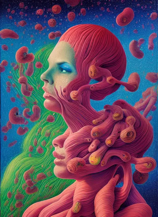 Prompt: hyper detailed Oil painting - Aurora (Singer) Eats of the Strangling Fruit and Her gossamer polyp blossoms bring iridescent fungal flowers whose spores black the foolish stars by Jacek Yerka, Mariusz Lewandowski, Abstract brush strokes, Masterpiece, Edward Hopper and James Gilleard, Zdzislaw Beksinski, Mark Ryden, Wolfgang Lettl, hints of Yayoi Kasuma