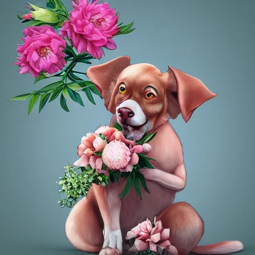 Prompt: Fu dog with peonies, digital art, 8k, trending on artstation