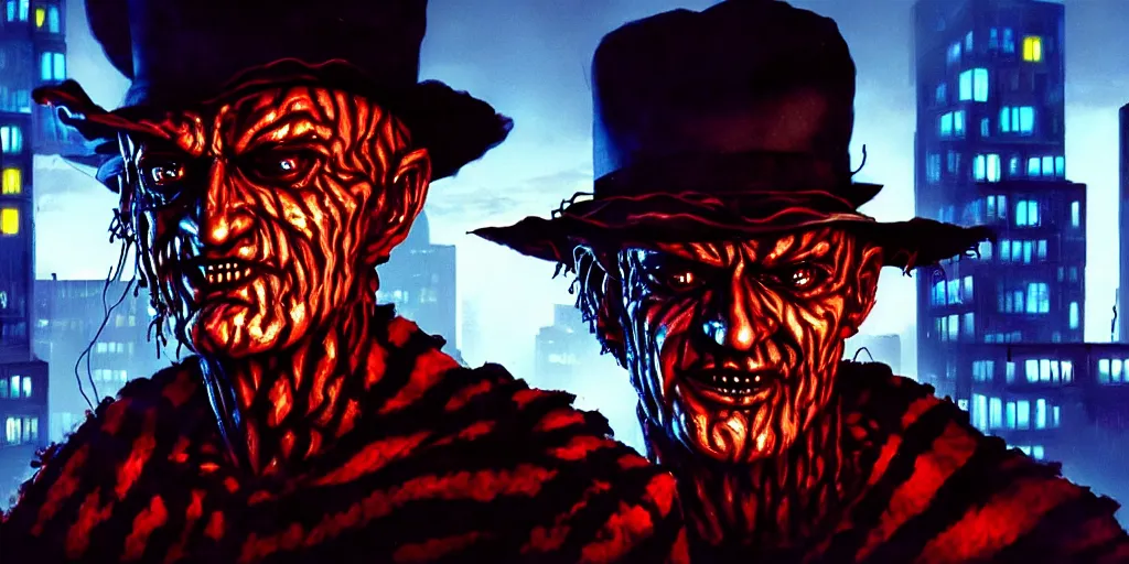 Prompt: a portrait of freddy krueger in a cyberpunk city, pixar, dramatic lighting