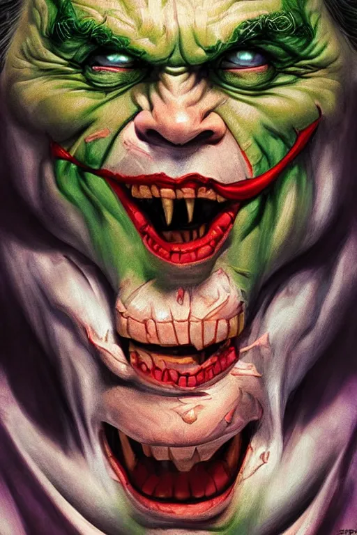 Image similar to portrait of mark hamill as the joker as a hulking herculean demon orc bugbear clown, godlike, upper body, fantasy, intricate, elegant, highly detailed, digital painting, artstation, concept art, sharp focus, illustration, art by artgerm and greg rutkowski and alphonse mucha