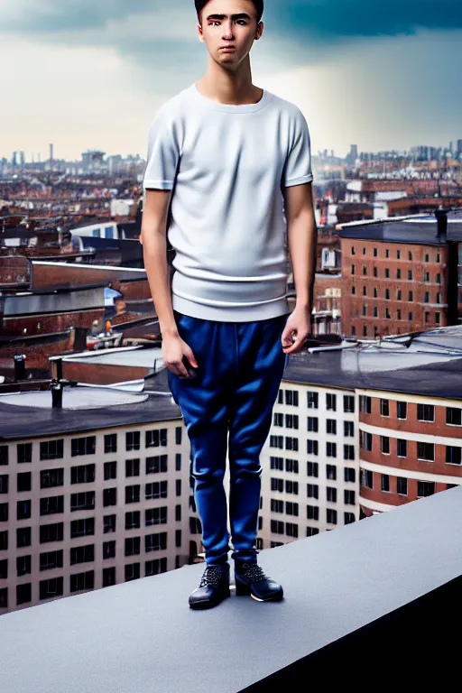 Image similar to un ultra high definition studio quality photographic art portrait of a young man standing on the rooftop of a british apartment building wearing soft padded silver pearlescent clothing. three point light. extremely detailed. golden ratio, ray tracing, volumetric light, shallow depth of field. set dressed.