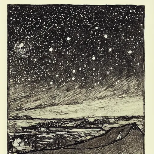 Image similar to by gerhard munthe tired, ghastly. a beautiful drawing featuring a night sky filled with stars, & a small town in the distance. the drawing is very peaceful & calming