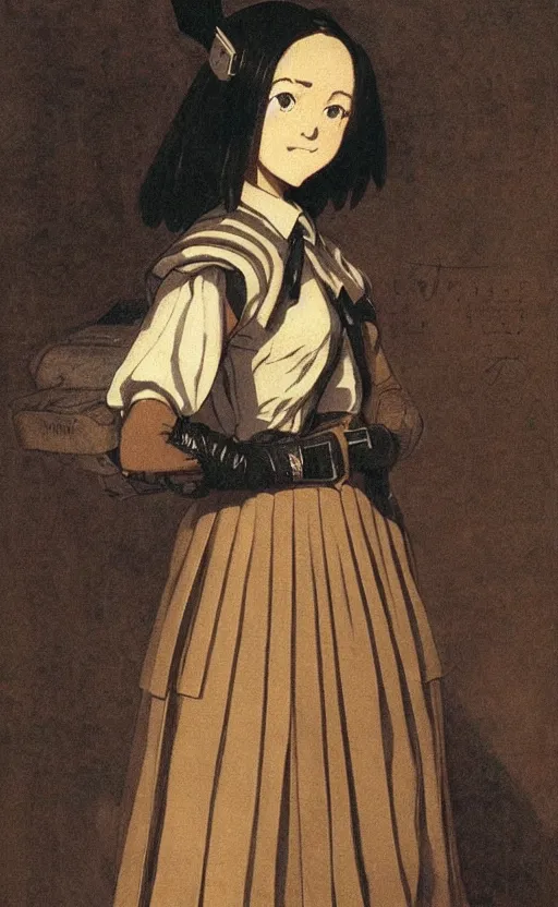 Prompt: school girl, school uniform, seifuku, pleated skirt, battle angel alita. by rembrandt 1 6 6 7, illustration