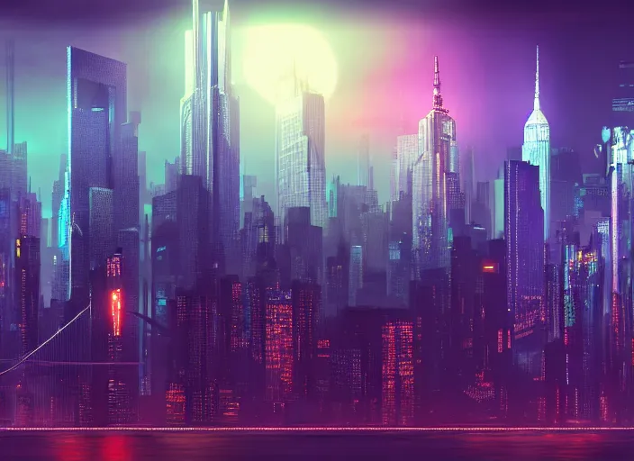 Image similar to cyberpunk scifi scene of new york skyline at night, artstation, matt painting, very detailed, maximalism, ambient occlusion, volumetric light, atmospheric haze, unreal engine, hyper realism, realistic shading, cinematic composition, realistic render, octane render, detailed textures, photorealistic, wide shot