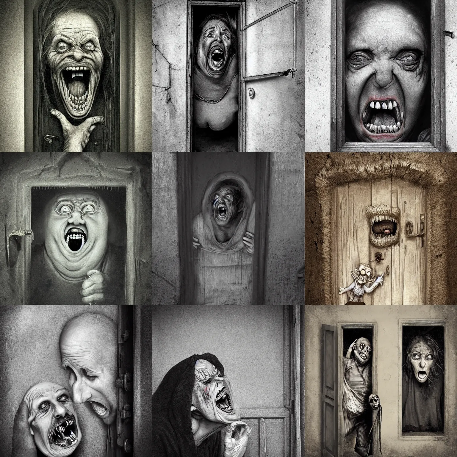Prompt: portrait of a creepy old lady screaming creeping out of a door obese, morbid, macabre, dark lighting, highly detailed, decay teeth, black and white gainy film, vignette, matte painting by maxim verehin