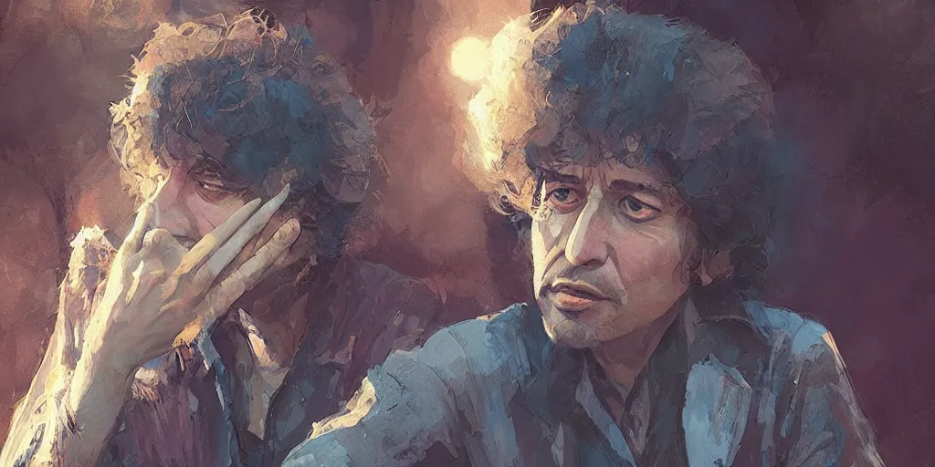 Image similar to thimothée chamalet as bob dylan, Moebius, Greg Rutkowski, Zabrocki, Karlkka, Jayison Devadas, Phuoc Quan, trending on Artstation, 8K, ultra wide angle, zenith view, pincushion lens effect