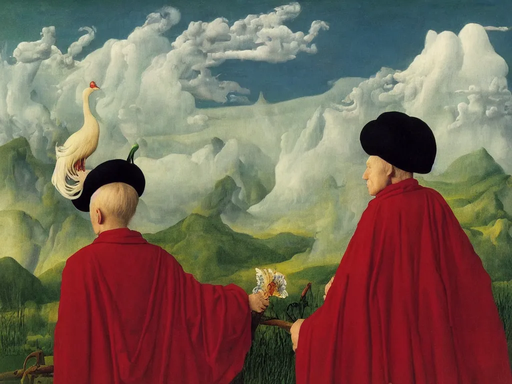 Image similar to albino mystic, with his back turned, looking at a storm over over the mountains in the distance, with beautiful exotic crane and iris flower. Painting by Jan van Eyck, Audubon, Rene Magritte, Agnes Pelton, Max Ernst, Walton Ford