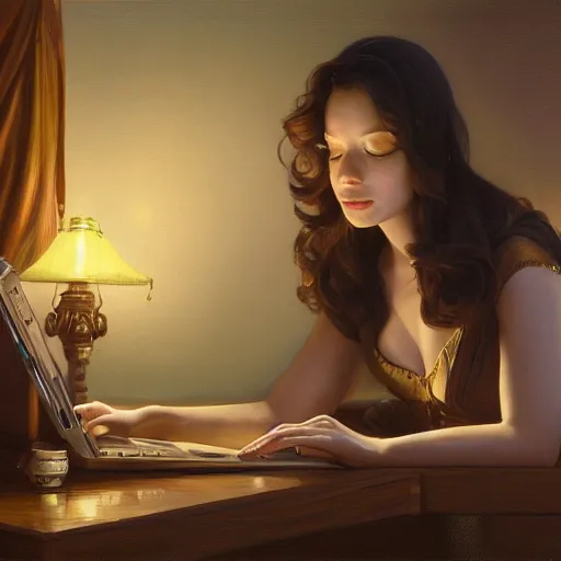 Image similar to a full shot of nice girl working on her laptop at night, detailed, centered, digital painting, artstation, concept art, donato giancola, Joseph Christian Leyendecker, WLOP, Boris Vallejo, Breathtaking, 8k resolution, extremely detailed, beautiful, establishing shot, artistic, hyperrealistic, beautiful face, octane render