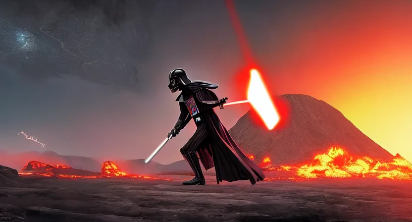 Image similar to darth vader in a volcanic planet ,cinematic, hyper realistic, concept art