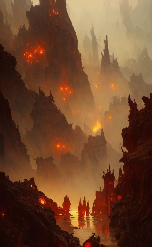 Image similar to a painting of a hellish landscape, concept art, deep focus, intricate, highly detailed, digital painting, artstation, matte, sharp focus, illustration, art by greg rutkowski and alphonse mucha